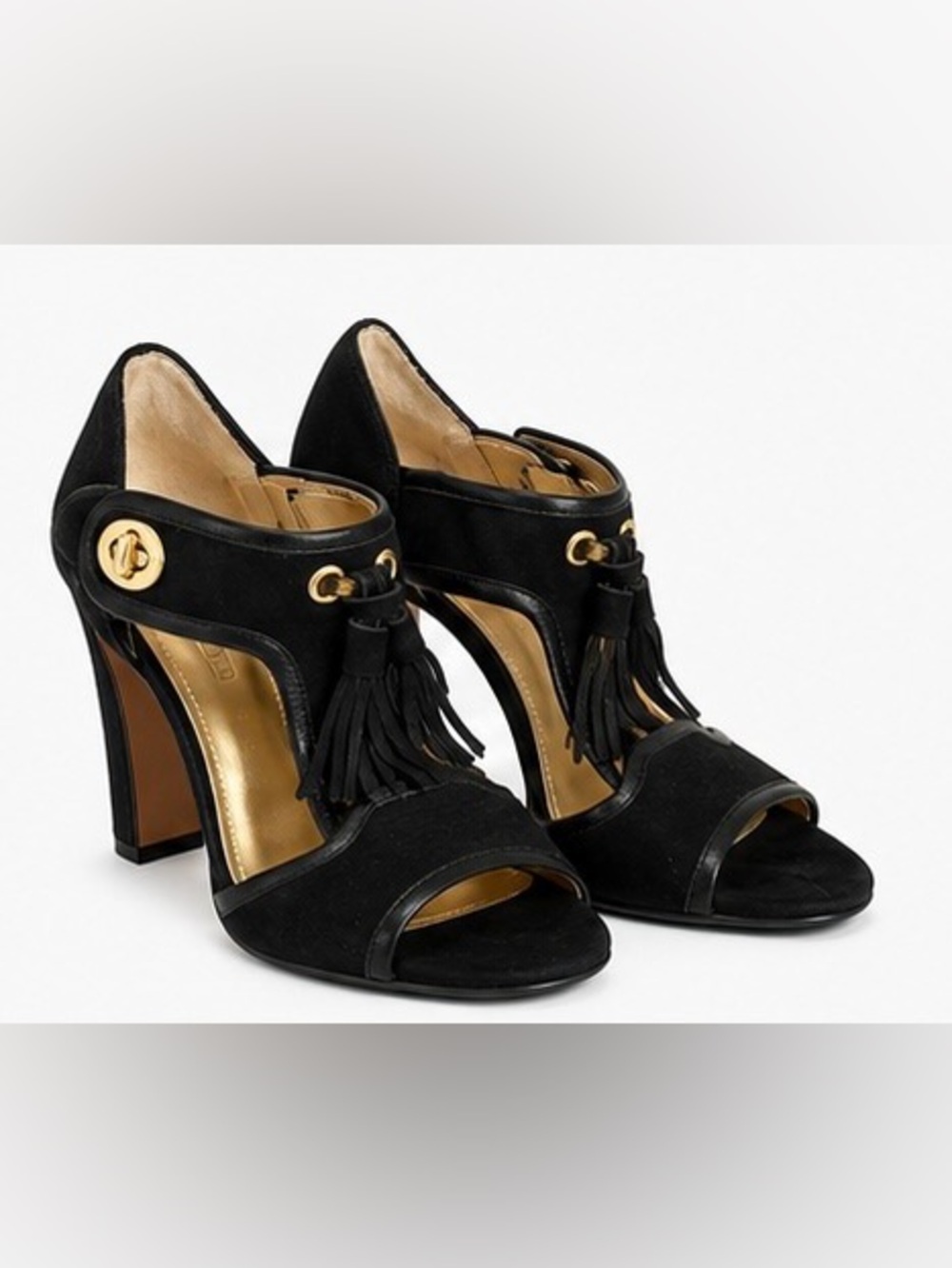 Authentic Coach Tristen Black Nubuck Leather Tassel T-Strap Heels Size 6B